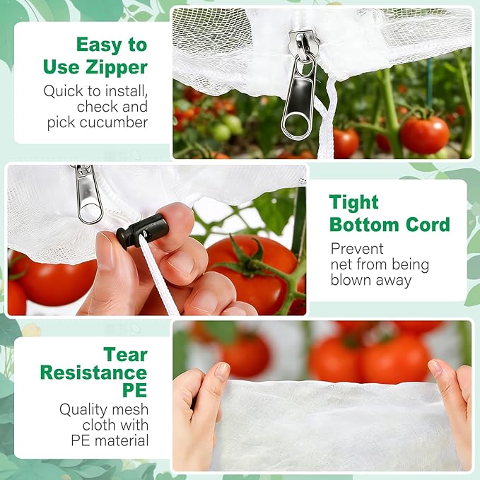 3 Pack Garden Bird Netting Plant Cover for Round Tomato Cage, 61"x13" Insect Bird Barrier Tomato Cage Net with Zipper & Drawstring, Tomato Trellis Netting Protection Cover for Protecting Plants