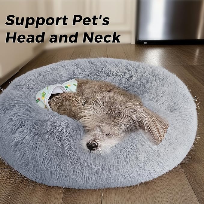 Medium Calming Dog Bed & Cat Bed with Anti-Slip Bottom, Medium Size Washable Anti-Anxiety Donut Dog Beds for Medium & Large Dogs, Fluffy Plush Cozy Round Dog Bed(30 Inch, Light Grey)