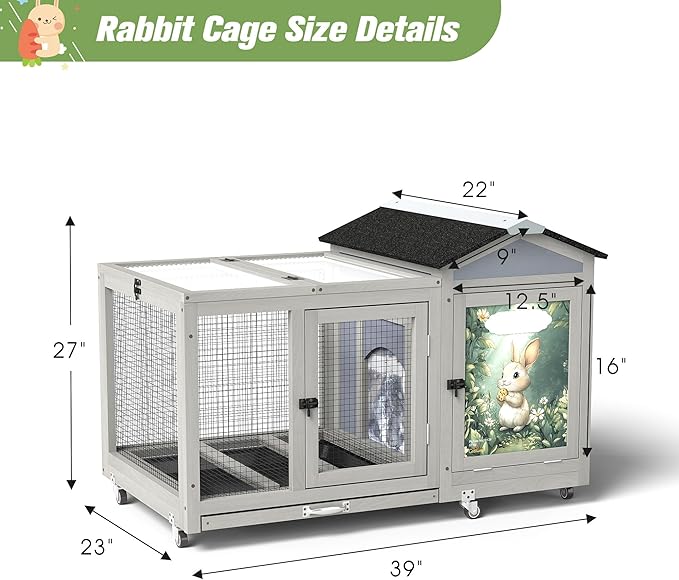 COZIWOW 39IN Heated Rabbit Hutch with Wheels, Insulated Indoor/Outdoor Bunny Cage House with Cleaning Tray, Sun Panel & Animal Pattern, Spacious Rabbit Cage for 1-2 Bunnies, (Warm Grey & Pattern)