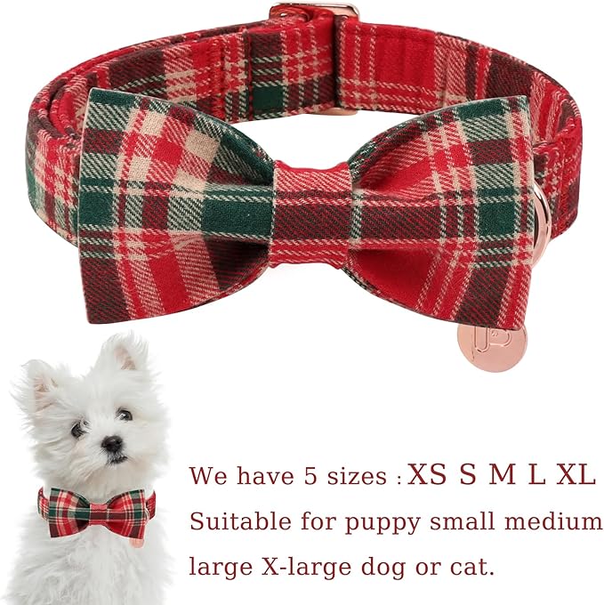 Christmas Plaid Dog Collar with Bow Tie– Adjustable Red & Green Checkered Dog Collar for Small Medium Large Dogs, Soft Xmas Plaid Puppy Collars with Quick Release Buckle M
