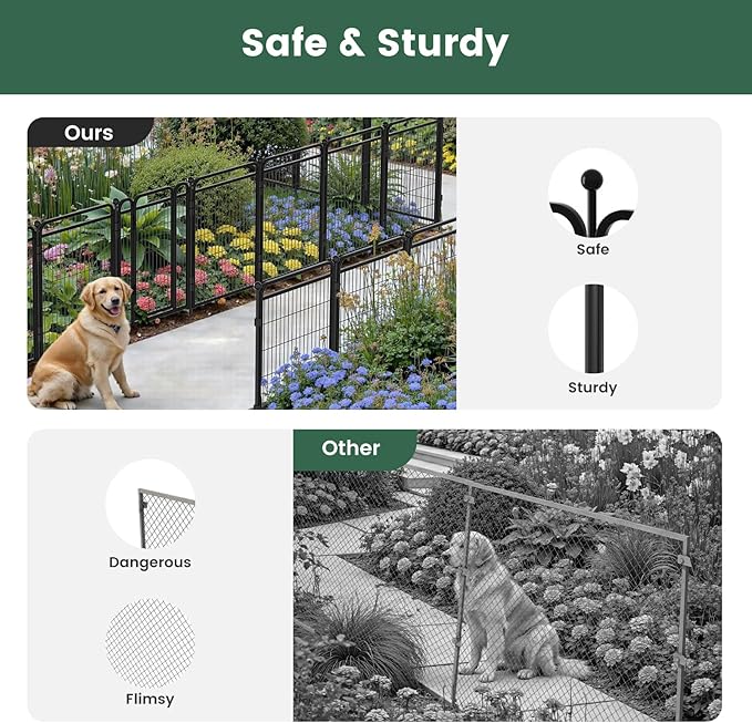 Decorative Garden Fence 24in(H) x44in(L), Thicken 2 Panels Metal No Dig Outdoor Dog Fence for Yard,Heavy Duty Animal Barrier for Dog and Rabbit, Garden Border Fence, Black
