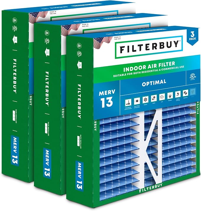 Filterbuy 20x20x5 Air Filter MERV 13 Optimal Smoke & Allergy Defense, Pleated