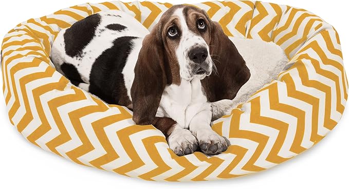 Majestic Pet 32 Inch Chevron Sherpa Calming Dog Bed Washable – Cozy Soft Round Dog Bed with Spine for Head Support - Fluffy Donut Dog Bed 32x23x7 (inch) – Round Pet Bed Medium - YELLOW