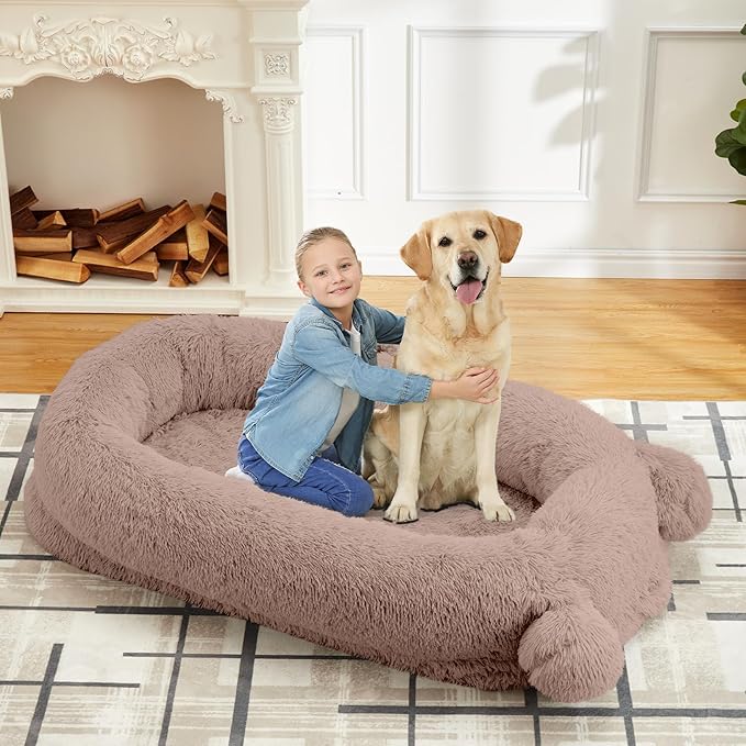 GarveeHome Human Sized Dog Bed, 71" x 45" x 12" Large Dog Bed with 2 Storage Pockets, Fluffy Faux Fur Orthopedic Pet Bean Bed for Adults & Giant Pets - Brown
