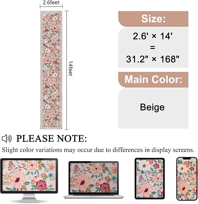 DUKINO 2.6x14 Kitchen Runner Rug, Lightweight Floral Washable Rug