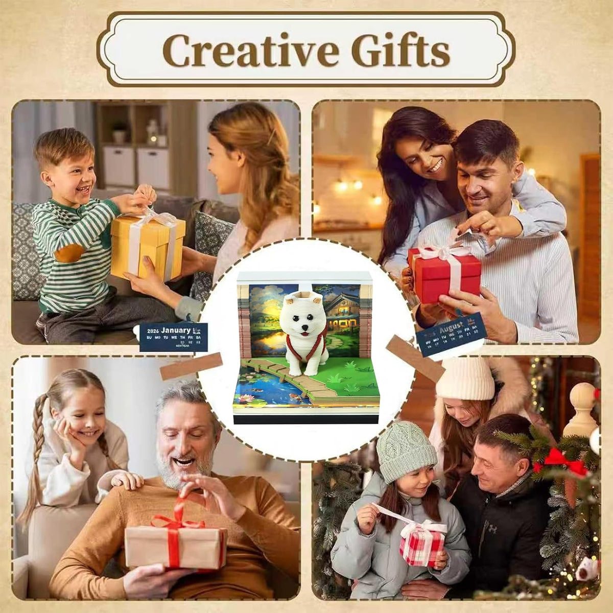 3D Calendar 2027, Desk Time Piece Calendar 2027,Tear-Away 3D Paper Art Notepad w LED Lights,Creative 3D Memo Artsy Pad Calendars, DIY Paper Carving Gift (Backpack Dog)
