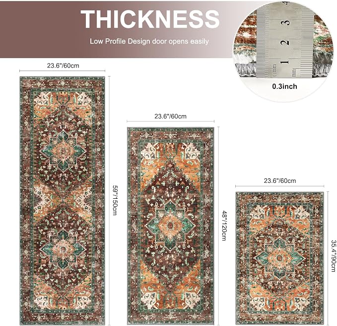 Yamaziot Washable Kitchen Runner Rug Set of 3, Non-Slip Boho Vintage Hallway