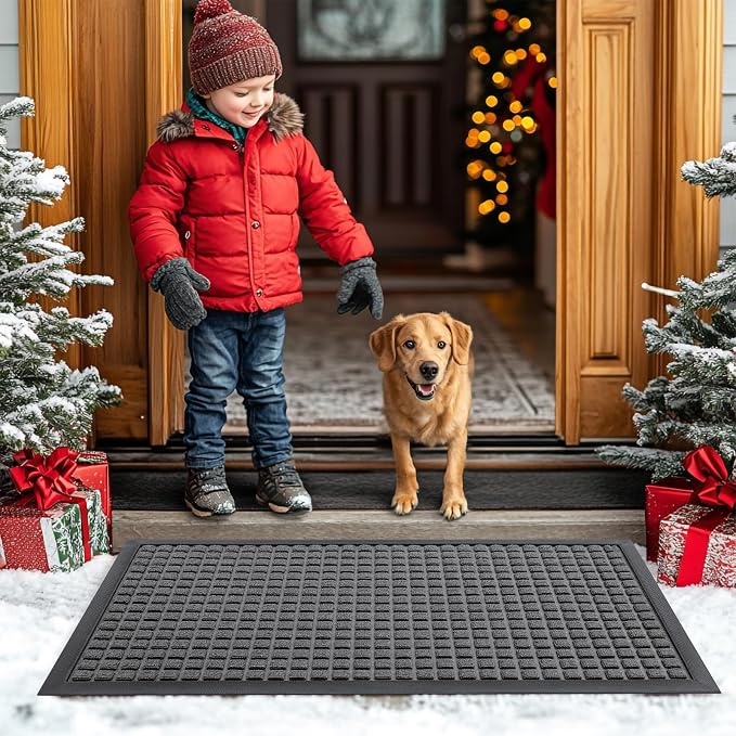 Smiry Front Door Mat Outside Entrance, Heavy Duty Natural Rubber Doormat