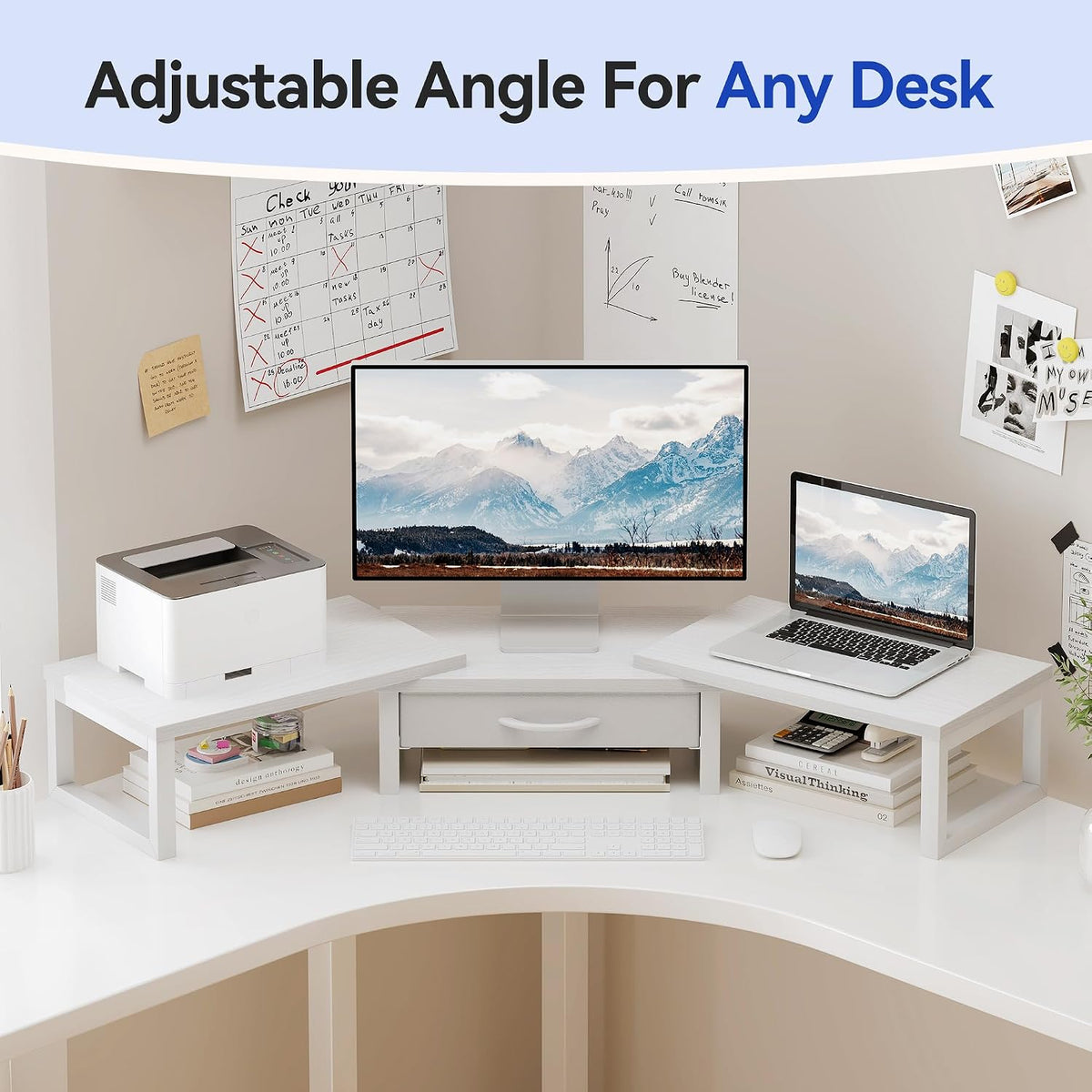 Dual Monitor Stand Riser, Desk Organizers and Accessories with Drawer, Computer Monitor Stands for Desk, Adjustable Desktop Shelf for PC Laptop Printer TV, White