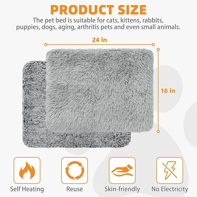 KOOLTAIL Self Warming Cat Bed, 4 Pack 18*24in Plush Extra Warm Self Heating Pet Pad for Crate, Floor, Indoor Outdoor, Non-Slip Upgraded Thermal Foil Puppy Kitten Mat with Removable Washable Cover,Grey