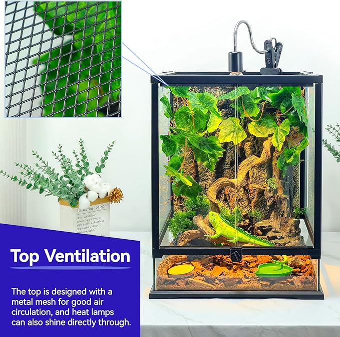 Full Glass Panoramic Vivarium for Crested Gecko Tank, Snake Enclosure, Reptile Cage with Front Door, Enhanced Ventilation & Concealed Wiring Holes 18" W x 18" x L24 H