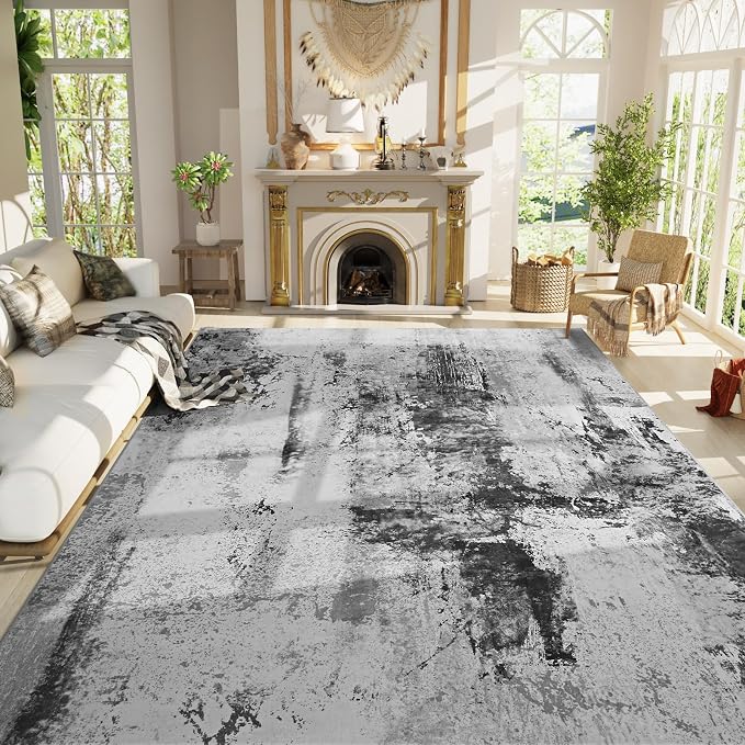 Living Room Rug 9x11 Ink Black Area Rugs Machine Washable Abstract Boho Large