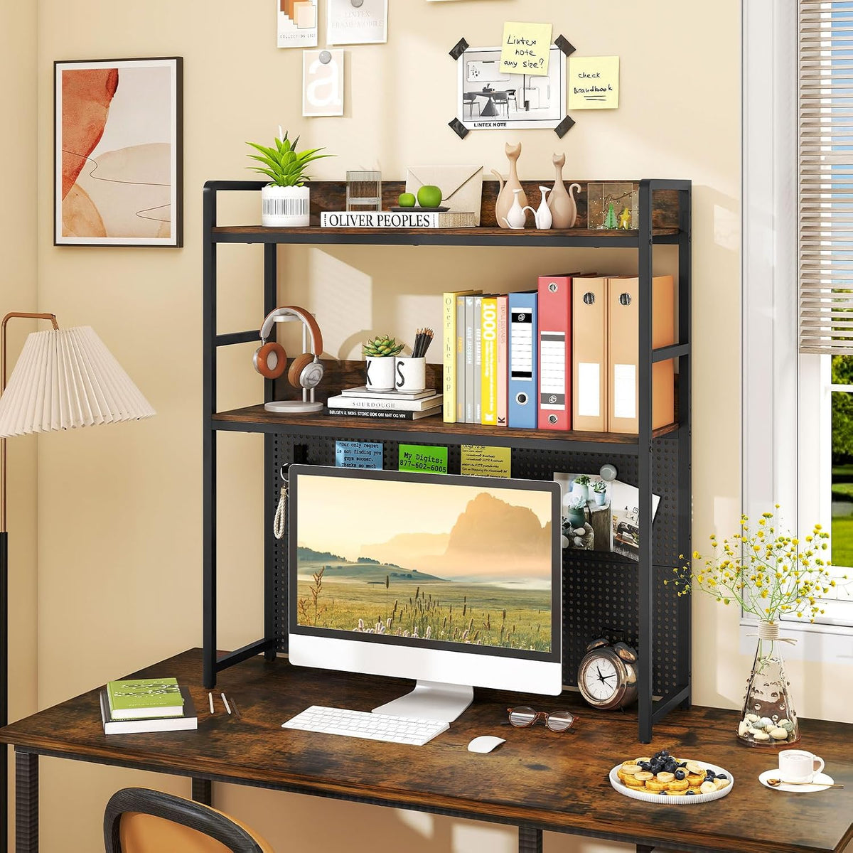 GIANTEX Desktop Bookshelf, 2-Tier Desk Hutch Dorm with Pegboard for up to 32" Computer Monitor, Industrial Countertop Storage Organizer Rack, Desk Shelf for Home Office, Rustic Brown