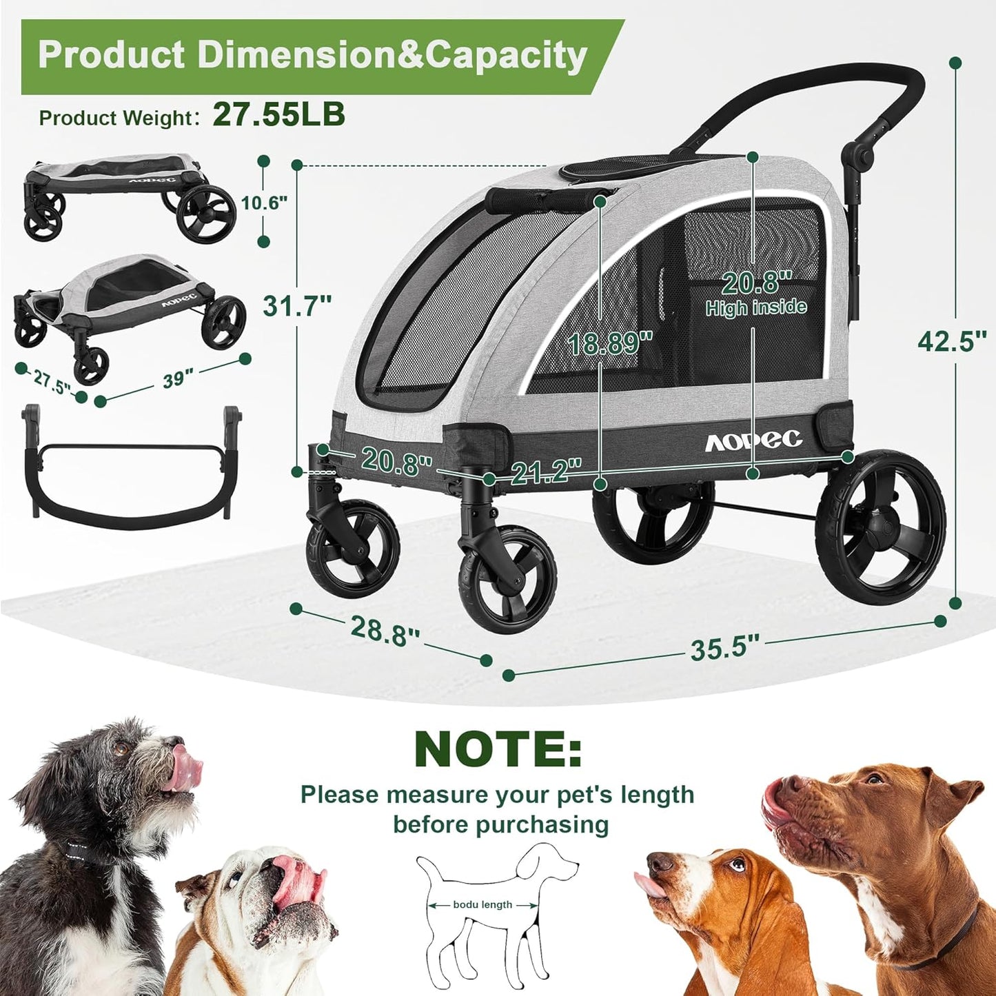 Large Dog Stroller - Dual Entry Safety Folding Pet Stroller with Adjustable Handle, All-Terrain 4-Wheel, 160 lbs Weight Capacity for Travel & Outdoor Adventures - Gray