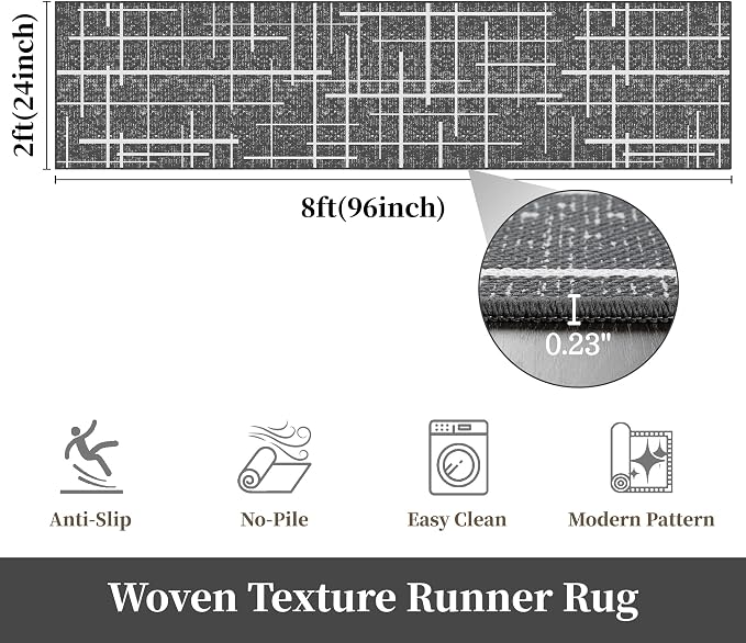 Non Slip Hallway Runner Rug 2x8, Modern Distressed Stripe, Washable Long Rug