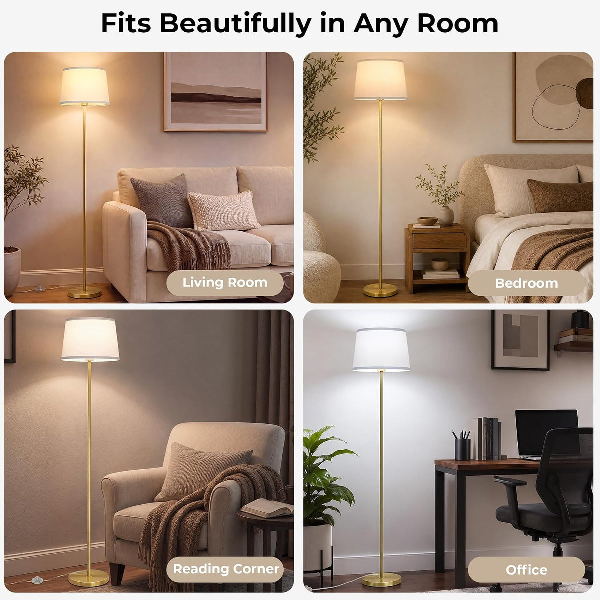 JUNNAI Gold Floor Lamp for Living Room, 61.8" Tall Standing Lamp, Modern Brass Floor Lamp for Bedroom Reading Office Classroom Corner, 3-Color Temperatures, 9W LED Bulb Included