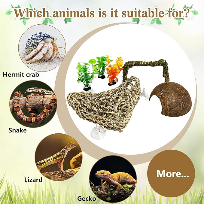 6 PCS Hermit Crab Accessories Set Large Bendable Moss Hermit Crab Climbing Toys Coconut Shell Hut Climbing Hammock with Suction Cup Plastic Plants for Reptile Amphibian