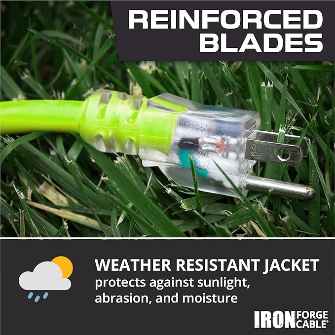 Iron Forge Cable Weatherproof 25 Ft Outdoor Extension Cord - 12/3 SJTW 15 Amp Heavy Duty Light Green High Visibility Cable with 3 Prong - Lighted End