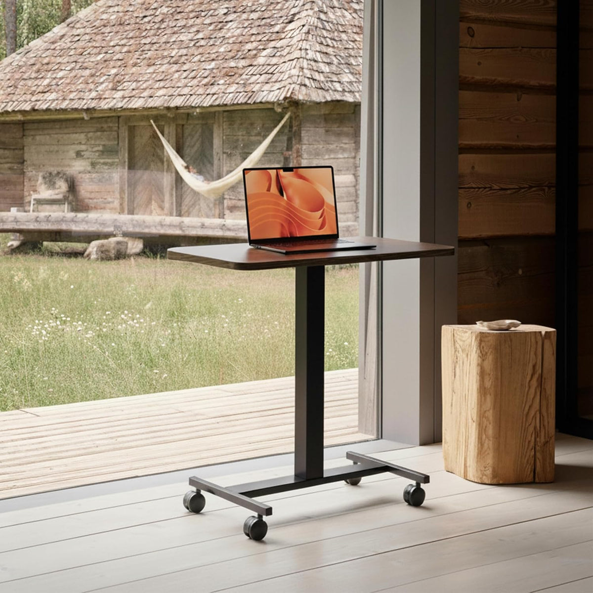 HUANUO Small Rolling Laptop Standing Desk, Height Adjustable Mobile T-Base Desk with Lockable Casters, Portable Sit-Stand Workstation for Bedside & Sofa, Walnut (Pack of 2)