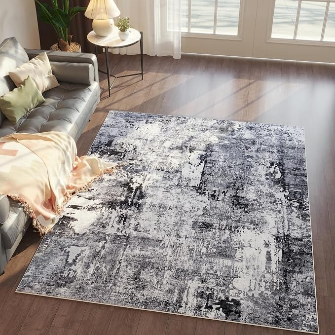 Rugcomf 4x6 Rug Washable Boho Soft Area Rug Abstract Pattern Non-Slip Faux Wool