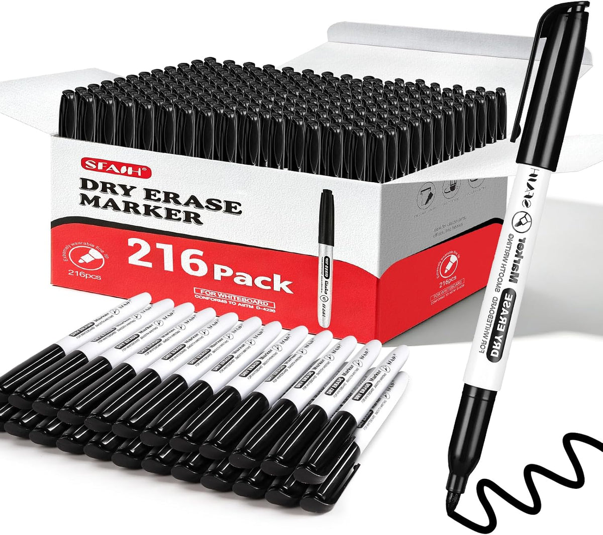 SFAIH Black Dry Erase Markers Fine Tip, 216 Pack, 1-2mm Line, Low Odor