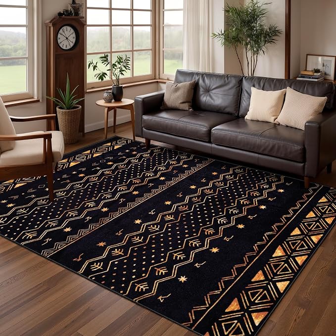 SERISSA 4x6 Area Rugs for Living Room, Washable Non-Slip Black and Gold Boho Rug