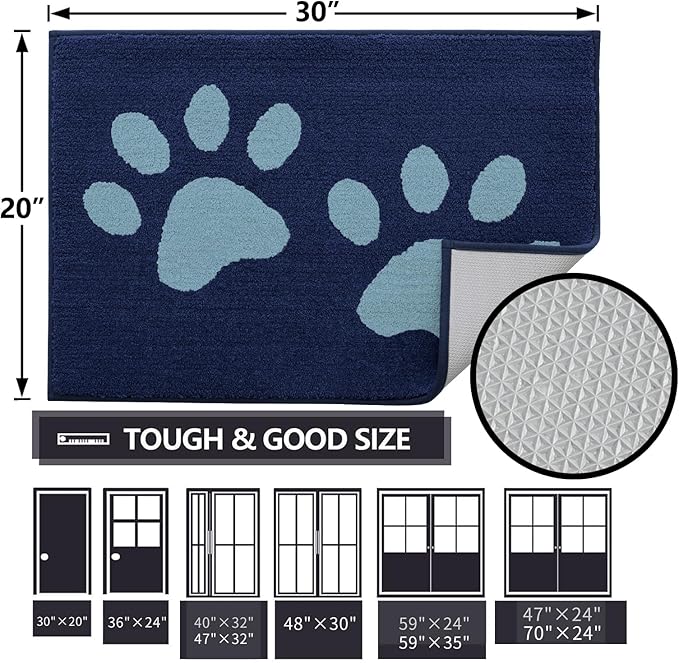 Buganda Dog Door Mat for Muddy Paws, Absorbent Dirt Trapper Washable Indoor Doormats, Non Slip Low-Profile Mud Mat for Dogs, Front Entrance Doormat for Inside Floor (48x30 Inches, Dark Blue)