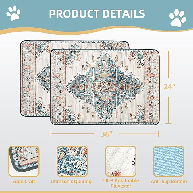 Washable Pee Pads for Dogs 2 Pack, 36" x 24" Reusable Puppy Pads Waterproof, Super Absorbent Dog Rugs, Leakproof, Dog Crate Pad, Playpen Mat, Whelping Pads, Blue Medallion