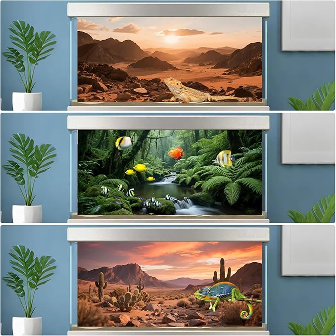 3 Pack Terrarium Background 36x18 inches Polyester Reptile Background，Gobi Sunshine Cactus Stone & Green Tree Fern Stream Terrarium Background