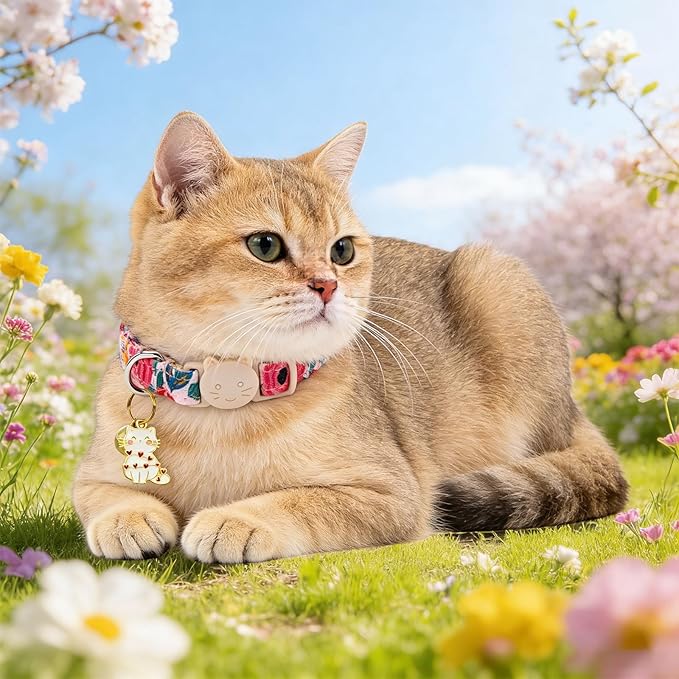 Spring Cat Collar-2 Pack Collars Strawberry and Flower Print Breakaway with Kitten and Bell Pendant Safety Buckle Adjustable Pet Collar Gift for Cats and Small Pets