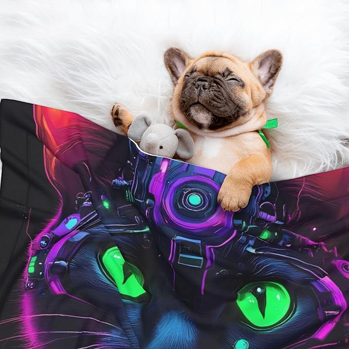Waterproof Dog Blanket Soft Pet Blanket for Puppy, Fleece Cat Throw Blankets for Furniture Bed Couch Sofa Reversible - Futuristic Cat Warrior