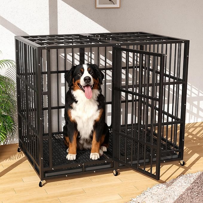 54 Inch Heavy Duty Dog Crate Indestructible XL Steel Escape Proof, Indoor High Anxiety Cage Kennel with Wheels, Removable Tray, Extra Large Kennel XL XXL