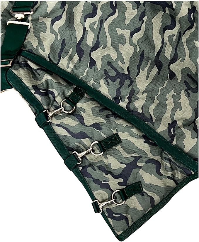 AJ Tack 1200D Waterproof Winter Horse Blanket with Hood - 400g Heavyweight Turnout with Fleece Collar, Shoulder Gussets & Tail Flap - Camouflage 68"