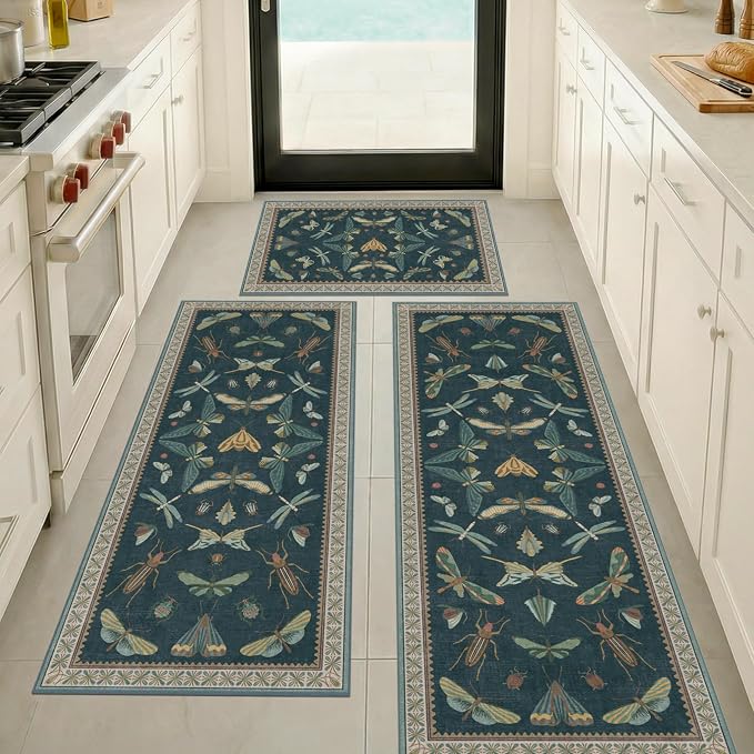 JTJ Botanical Insect Kitchen Rug Set of 3, Washable and Non-Slip Low Pile Floor