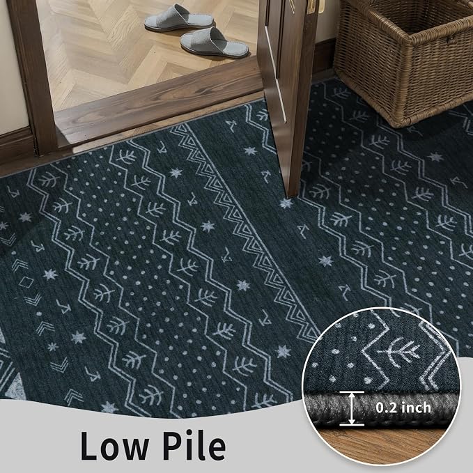 SERISSA 2x5 Kitchen Runner Rug, Washable Non-Slip Grey Boho Rug, Soft Low-Pile