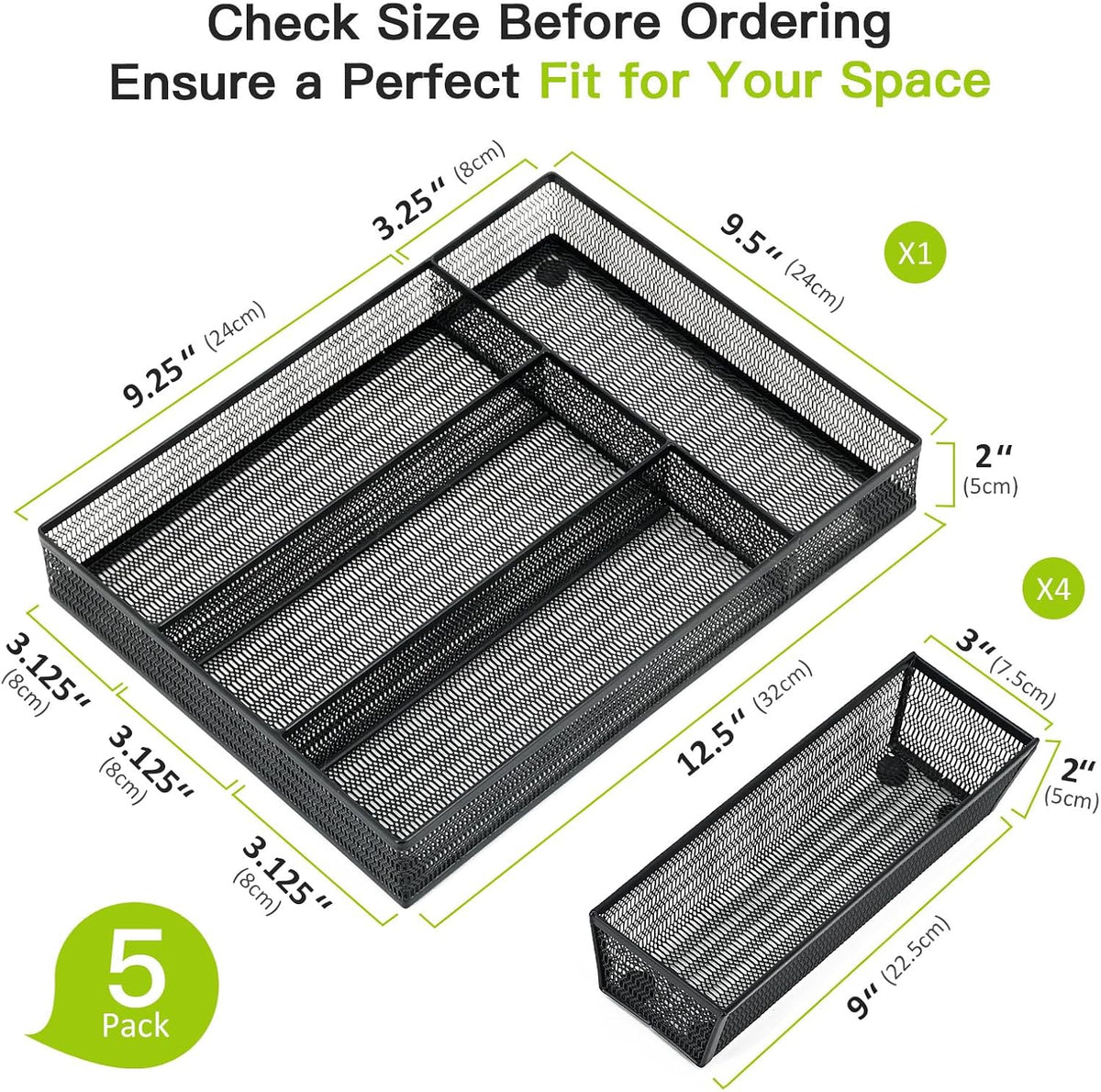 Neudeco Drawer Organizer Set, Black Mesh, 5 Pack