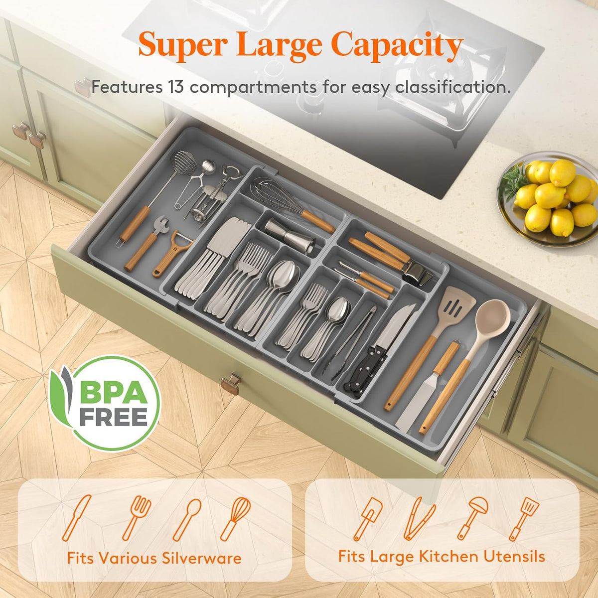 Lifewit Silverware Drawer Organizer, Expandable Plastic Utensil Tray