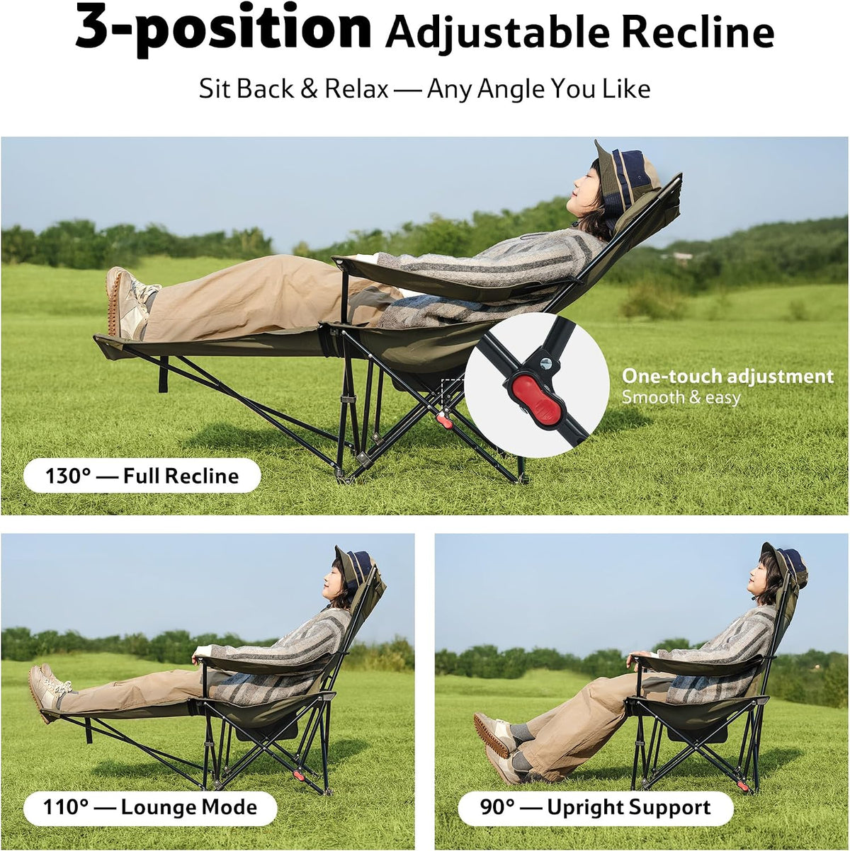 Naturehike 3-Position Adjustable Recliner with Footrest, Heavy Duty Folding Camping Chair, Portable Lounge Chair with Carry Bag, Cup Holder & Side Pocket for Beach, Patio, Lawn – Supports 330 lbs