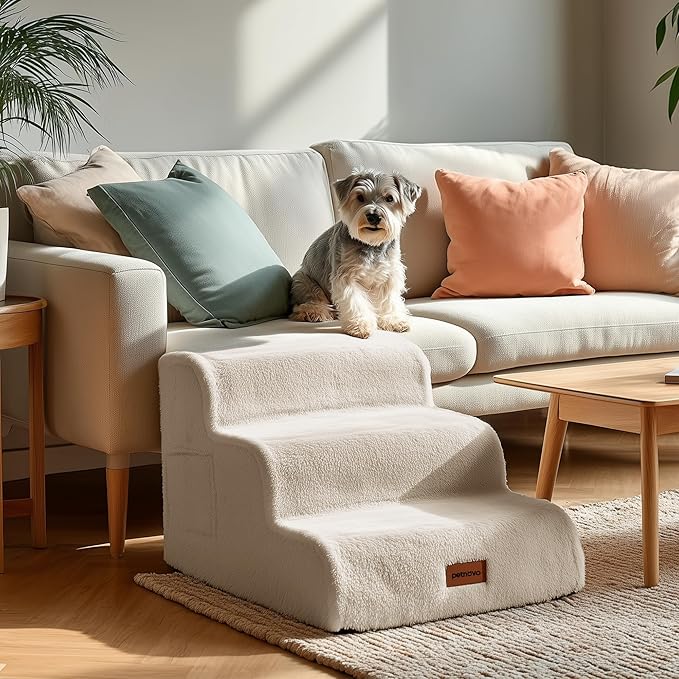 PETNOVO Ultra-Soft Rabbit Fur-Like Dog Stairs for Couch/Bed, Luxury Comfort 3-Step for Small & Senior Dogs, Non-Slip, Removable Washable Cover, OEKO-TEX Certified, 22.4"D x 15.7"W x 15.7"H, Off White