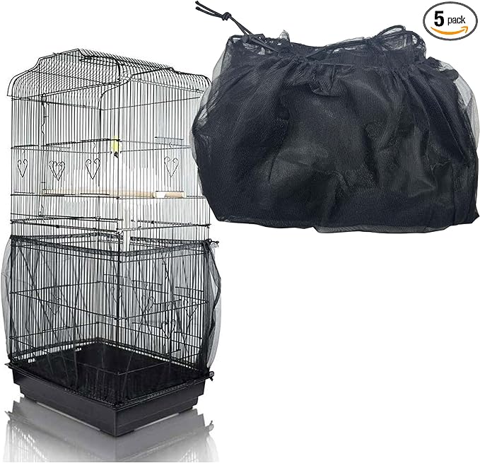 Allazone Bird Cage Seed Catcher, Large Bird Cage Cover, 75-118'' Universal Adjustable Birdcage Cover Skirt Soft Airy Nylon Mesh Net for Parakeet Macaw African Round Square Cage, Black