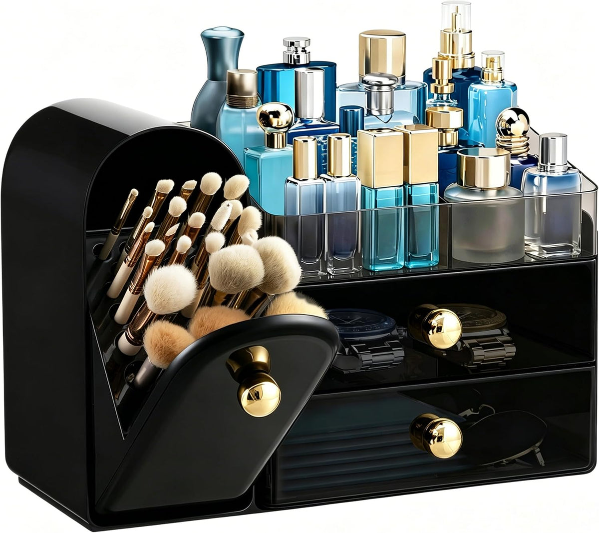 HBlife Makeup Organizer Countertop with Drawers, Cologne Organizer for Men, Vanity Organizers with Brush Holder, Bathroom Countertop Organizer Skin Care Storage, Gift for Dad Husband, Black and Gold