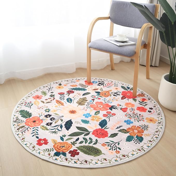 Rugcomf Round Rug 4ft Washable Circle Rug Non Slip Low Pile Boho Floral Small