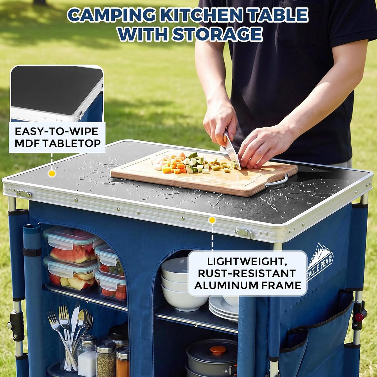 EAGLE PEAK Double Folding Camping Table with Storage Organizer and Side Pockets, Portable Outdoor Portable Camping Table for BBQ, Picnic and Tailgating, Carry Bag Included, Blue