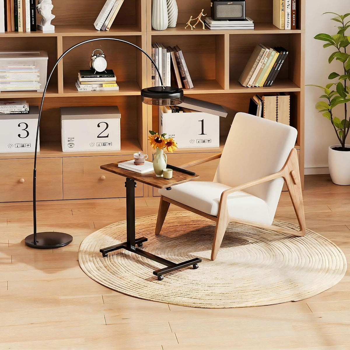 LINGMI Overbed Bedside Desk Mobile Rolling Laptop Stand Tilting Overbed Table with Wheels Height Adjustable Tray Table for Laptop Bed Sofa Side Table