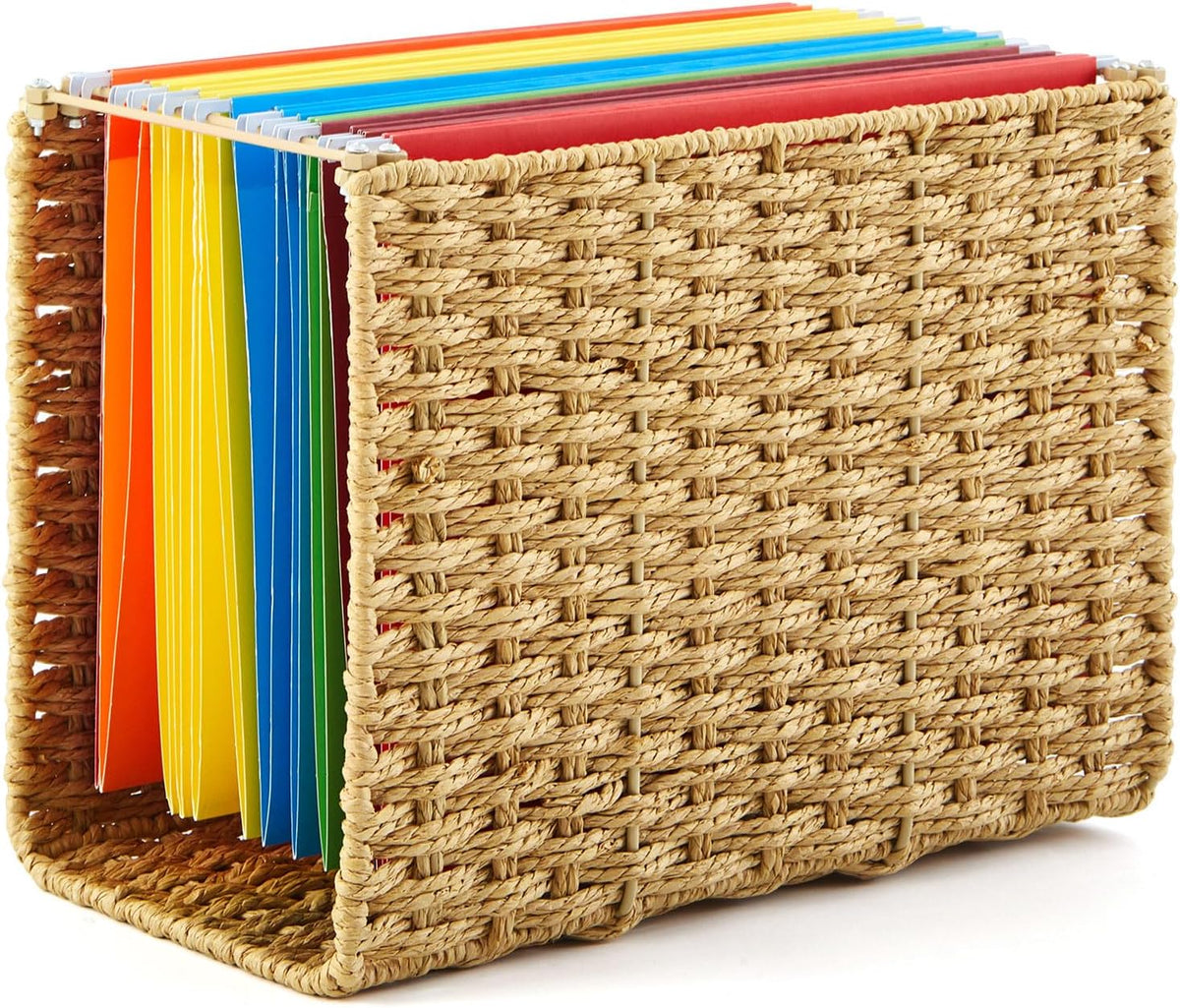 Paper Rope Hanging File Basket with Handle 13.6" x 9.8" x6.6", 1 Pcs, Brown