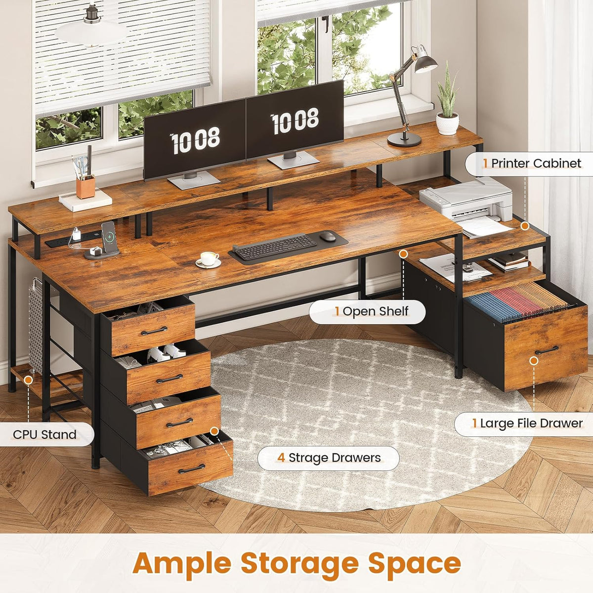 SEDETA 75'' Large Home Office Desk with 5 Drawer, Power Outlet, File Drawer