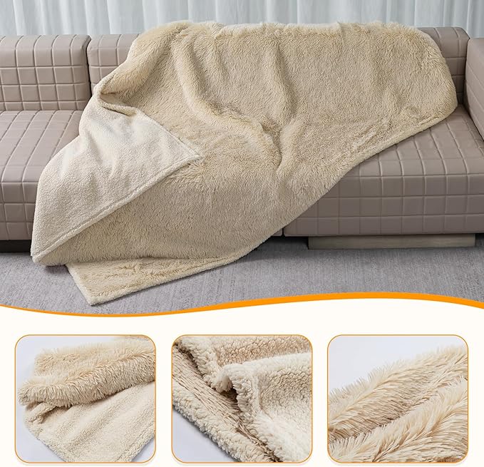 Long Faux Fur Calming Pet Blankets for Large Dogs Waterproof Cream Dog Blanket for Couch Sofa Cover Washable Puppy Bed Covers (Cream,XL-85x57in)