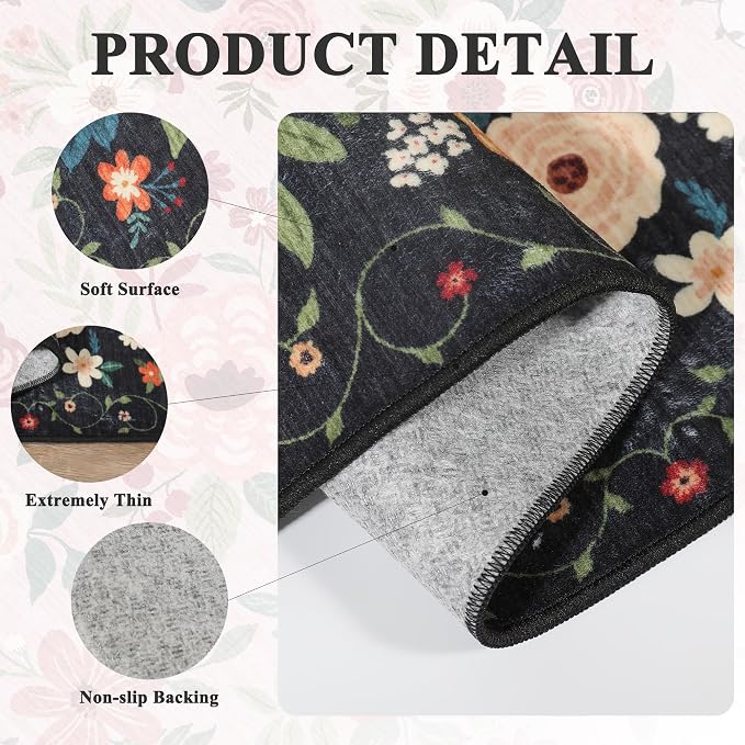 DUKINO 2.6x12 Kitchen Runner Rug, Lightweight Floral Washable Rug