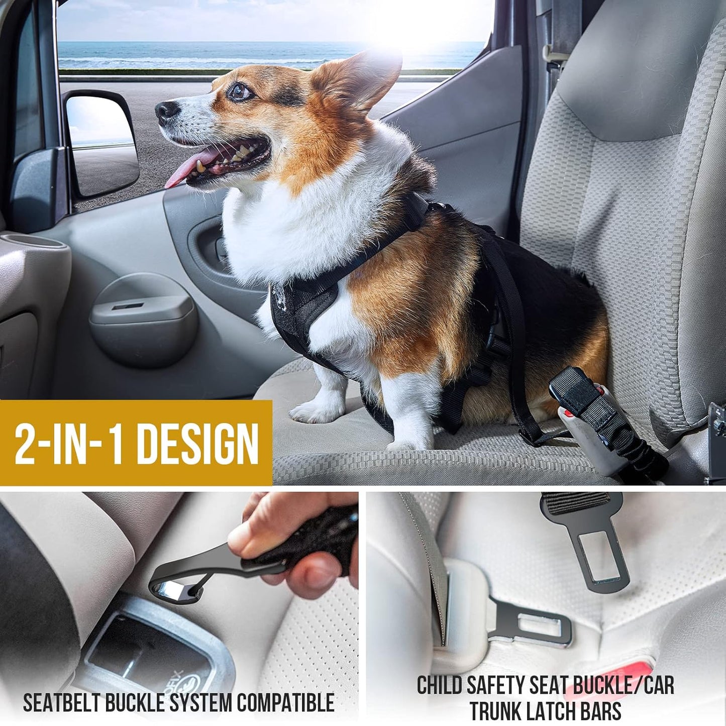OneTigris Dog Safety Vest Harness, REX Car Use Dog Harness Adjustable Pet Harness with Leash for Medium Large Dogs(Black,M)