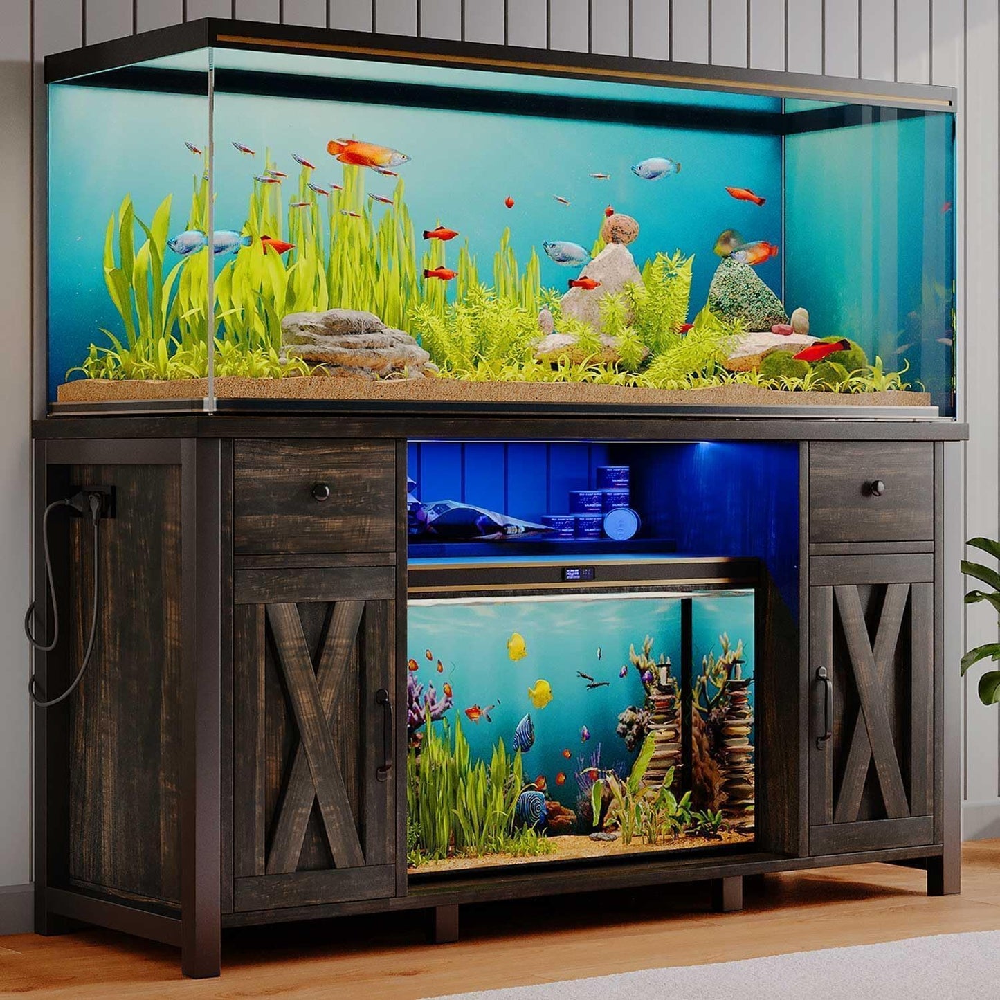 75 Gallon Fish Tank Stand with LED Light & Power Outlets, 55-75 Gallon Heavy Duty Metal Aquarium Stand with Drawers & Barn Doors, Cabinet for 2 Fish Tank Accessories Storage, Dark Oak
